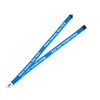 A blue flat ribbed lanyard, 15mm wide, featuring a swivel clip and printed text.