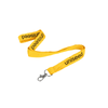 A flat ribbed yellow lanyard, 25mm wide, with a swivel clip and branding.