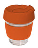 A glass coffee cup in clear with an orange silicon lid and band, designed for reusable drinkware.