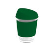 A reusable glass coffee cup with a green silicone lid and band, featuring a clear glass body.