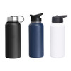 A drink bottle set featuring three 1L stainless steel options in black, navy, and white, with three different lids and a logo.