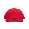 A red cap with mesh panels and a branded logo on the front.