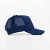A blue cap featuring a solid front and mesh back, with a logo on the front.