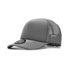 A grey cap with a mesh back and a logo on the front. Suitable for headwear and outdoor activities.