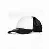 A black and white cap featuring a mesh back and a logo on the front.
