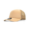 A beige cap with a mesh back, featuring a logo on the front.