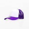 A purple and white cap featuring a mesh back and a logo on the front.