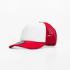 A red and white cap with a mesh back and a logo on the front.