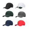 A collection of six caps in black, white, green, grey, navy, and red, each with a logo.