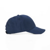 A navy cap with a structured design, featuring a curved brim and a logo on the side.