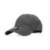 A grey cap with a curved brim and a logo on the front, featuring a textured fabric.