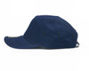 A navy cap featuring a curved brim and an adjustable strap, with branding on the front.