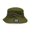A green bucket hat featuring a logo on the front. The hat has a wide brim for sun protection.