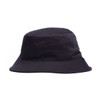 A black bucket hat with a wide brim and a subtle logo. Ideal for outdoor wear.