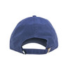 A navy cap featuring a back opening and an adjustable strap, with a logo on the side.