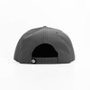 A grey cap viewed from the back, featuring a snapback closure and a logo on the side.