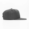 A grey cap with a flat brim and a subtle logo on the side. The cap has a structured design.