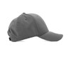 A grey cap with a curved brim and an adjustable strap at the back, featuring a logo on the front.