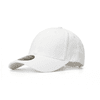 A white polyester stretch cap featuring a curved brim and a logo on the front.