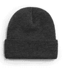 A dark grey knitted acrylic beanie with a folded cuff, featuring a logo.