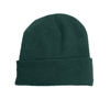A warm, knitted acrylic beanie in a dark green colour with a rolled cuff. It features a logo.