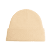 A warm knitted acrylic beanie in a light beige colour with a folded cuff, featuring a branding logo.