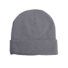 A warm knitted acrylic beanie in grey, featuring a cuffed design and a simple appearance. It has a logo at the back.