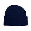 A navy blue knitted acrylic beanie with a foldable cuff and a textured pattern. It features a logo.