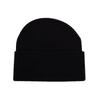 A black knitted acrylic beanie with a fold-up cuff and a textured finish. It features a logo.