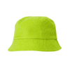 A bright lime green cotton bucket hat with a wide brim and a textured finish. It features a logo.