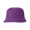 A purple cotton bucket hat featuring a wide brim and a simple design. It has a logo on it.