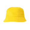 A yellow cotton bucket hat with a wide brim and a stitched band. The hat features a logo.