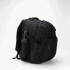 A black backpack featuring multiple compartments and a side pocket for a drink bottle, with a logo visible.
