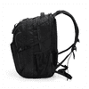 A black backpack featuring multiple compartments, zippers, and adjustable straps, with a side mesh pocket and a logo.