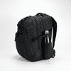 A black backpack with multiple compartments and a side pocket holding a drink bottle. It features a logo.