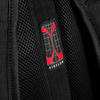 A close-up of a breathable black fabric with a red logo labelled "AIRFLOW" on a backpack.