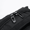 A black backpack featuring sturdy zippers and textured fabric details, with a logo present on the surface.