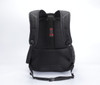 A black backpack featuring padded shoulder straps and mesh detailing. It includes a branding logo on the back.