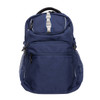 A navy blue backpack with multiple compartments, zippers, mesh side pockets, and a logo on the front.
