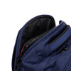 A navy blue backpack with a zippered opening, revealing a device inside and featuring a logo.