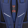 A blue backpack featuring padded straps and mesh detailing for airflow, with a logo on the back.