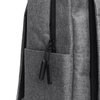A grey backpack with zippered compartments and a front pocket featuring black zip pulls. It has a logo.