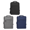 Three Blackburn Backpacks in black, grey, and navy blue, featuring front zippered pockets and a logo.