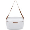 A white cooler box with a brown shoulder strap, featuring a sleek, modern design and a logo.