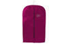 A magenta non-woven garment bag featuring a zippered opening and a hanger at the top. It includes a logo.