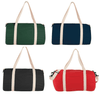 Four duffel bags in green, navy, black, and red, featuring beige straps and a logo on each bag.