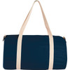 A navy duffel bag with cream straps, featuring a logo on the side. Ideal for travel or gym use.