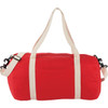 A red duffel bag with beige straps and a logo, featuring both short and adjustable carrying options.