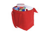 A red cooler bag filled with various food items and a container, featuring handles for easy carrying.