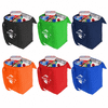 A cooler bag available in black, green, navy, orange, red, and blue, filled with drinks and snacks. Features a logo.